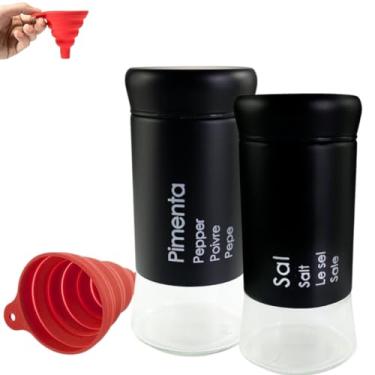 Imagem de Kit Premium Saleiro e Pimenteiro com Funil de Silicone Saleiro Vidro Saleiro Inox Porta Sal Saleiro de mesa Saleira - Bertaglia® (Preto)