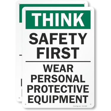 Imagem de SmartSign Pacote com 2 placas "Think Safety First Wear Personal Protective Equipment" - 25,4 cm x 35,5 cm, alumínio laminado à prova de ferrugem de 40 mm, resistente ao desbotamento, verde, preto e