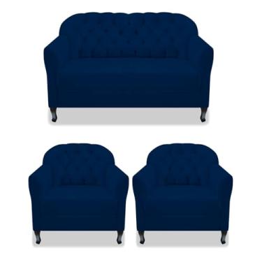 Imagem de Kit Namoradeira Recamier Sofá mais 02 Poltrona Julia Pés Luís Xv Com Botonê Quarto Sala de Estar Recepção Suede Azul Marinho - AM Decor