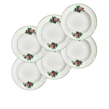 Imagem de Jogo 6 Pratos Fundos De Porcelana Decorados C/ Filete - AMA