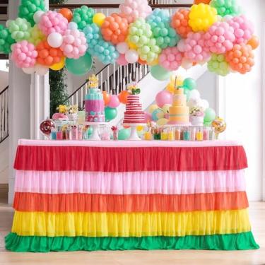 Imagem de Toalha de mesa colorida com saia de mesa arco-íris para decoração de Natal de festa indiana de aniversário de 1,8 m