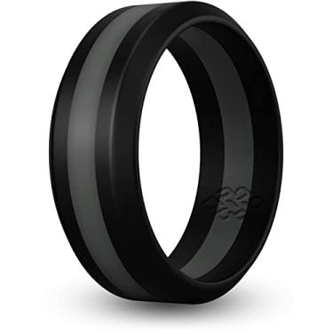Imagem de Anel de casamento de silicone Teoria de nó para homens e mulheres: Anéis de borracha não volumosos superiores - Qualidade premium, estilo, conforto - Pulseiras ideais para academia, trabalho, caça, esportes e viagens, Black / Slate Grey Line, Size 7 (8mm WIDER Bandwidth)