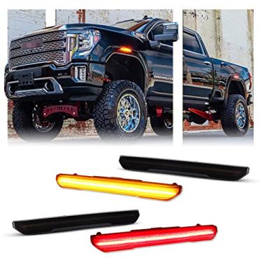 Imagem de GSOWO 4 peças de luz de marcador lateral de LED fumado para Sierra 2500HD 3500HD 2020-2023, luz de para-choque frontal âmbar e traseira vermelha, lâmpadas de marcador lateral do passageiro do motorista do caminhão de caminhão, acessório de carro