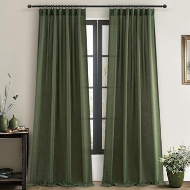 Imagem de Cortina de 260 cm de comprimento, 2 painéis, cortinas de linho verde-oliva escuro para quarto, cinto de gancho plissado, moderno, luz de teto, filtragem, privacidade, cortinas transparentes para