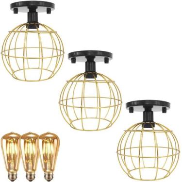 Imagem de 3 Lustres Teto Plafon + 3 Lâmpadas Led St64 Industrial Aramado Globo D