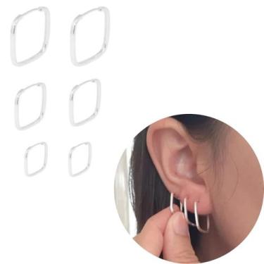 Imagem de Trio de brincos argola quadrada prata legítima 925 3 furos - Morganite