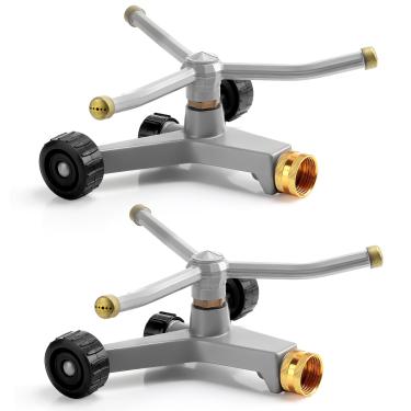 Imagem de Tiangrid Aspersor giratório de metal para gramado com 3 braços, resistente, 360 graus, rotativo, com base com rodas para quintal, quintal, cobertura de até 538 pés quadrados (cinza, 2 peças)