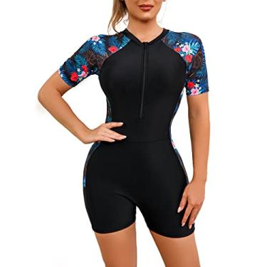 Imagem de ABEHIK Maiô feminino Rash Guard de manga curta com zíper estampado para surfe Boyleg FPS 50+ roupa de banho, Preto, vermelho, GG