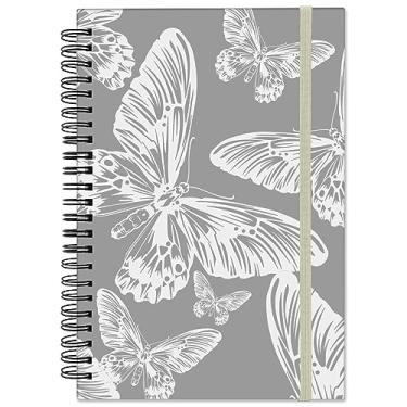 Imagem de Deokke Caderno espiral, diário de capa dura, pautado largo, caderno espiral, A5 14 x 21 cm, papel grosso de 80 g/m², 60 folhas 120 páginas, para meninas, mulheres, escola, escritório, estética, fofo, cinza, borboleta branca