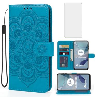 Imagem de Bohefo Capa para Moto G23/Moto G13/Moto G53/G53J/G53Y XT2333-1 Capa carteira com protetor de tela de vidro temperado, suporte para cartão de crédito Mandala de couro para Motorola Moto G53 azul