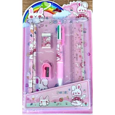 Imagem de Kit 6un Escolar com Caneta 4 cores Lápis Apontador Borracha e Régua Papelaria Rosa/Lilás