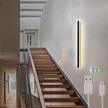 Imagem de Luminária de parede interna LED com interruptor de varredura manual, sensor de movimento, arandelas de parede, preta, recarregável por USB, luz de parede, alimentada por bateria, linear, 270
