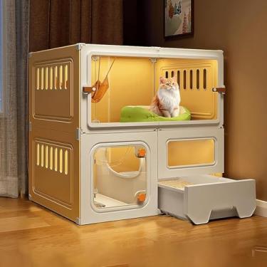 Imagem de Gaiolas para gatos respiráveis para uso interno feitas de resina + PP, casas para gatos internos com caixa de areia para gatos fechada, 6 tamanhos, 2 cores, amarelo + branco, 70 x 45 x 70 cm