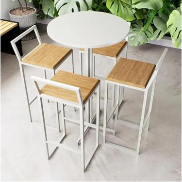 Imagem de Conjunto Mesa Alta Bar Bistrô Redonda Branca 4 Banquetas Confort Pinus Industrial White