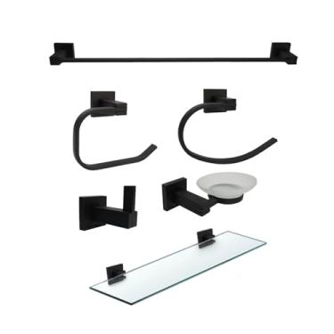 Imagem de Kit Acessórios Banheiro Em Aço Inox E Vidro 6 Peças Preto