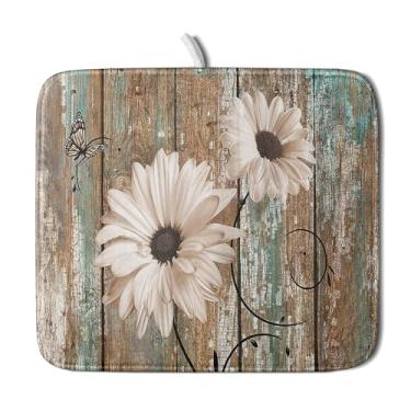 Imagem de Giwawa Tapete De Secagem De Pratos Rústico Daisy Board Para Bancada De Cozinha 16X18 Polegadas Girassol De Outono Em Tábua De Madeira Tapetes De Escorredor De Pratos Secagem Rápida Country Shabby Ch