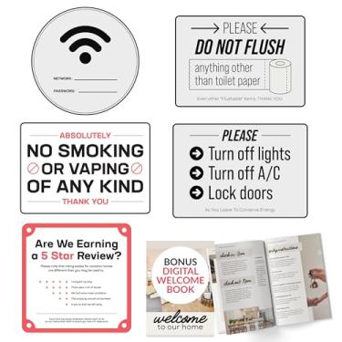 Imagem de 5 placas essenciais AirBnB para anfitriões | Sinal de senha Wi-Fi para hóspedes domésticos, não fumar, não lavar no banheiro, desligar luzes e ar-condicionado, solicitação de revisão de aluguel de