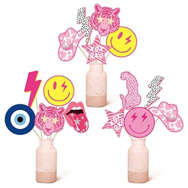 Imagem de AellasNervalt 30 peças de centro de mesa rosa choque Y2k rosa choque rosto sorriso estrela relâmpago lábios centro de mesa palitos de mesa para meninas adolescentes, aniversário, despedida de