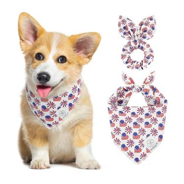 Imagem de E-Clover Conjunto de bandanas para cães de 4 de julho e scrunchie combinando bandeira americana cachecol babador bandana para animais de estimação com gravata borboleta para cães pequenos filhotes de