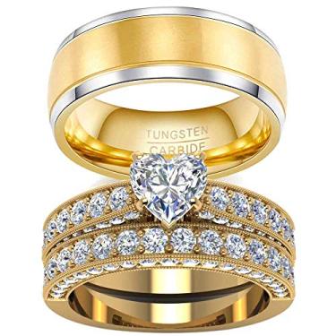 Imagem de 2 anéis para casal, conjuntos de alianças de casamento femininas com coração preenchido em ouro amarelo, conjunto de alianças de casamento masculinas de aço de titânio, women size9 & men size9, Metal