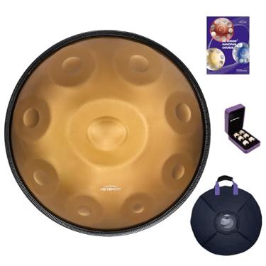 Imagem de AS TEMAN HANDPAN, Instrumento de tambor de mão em D menor 9 notas 440 Hz tambor de mão de aço de 56 cm com bolsa de mão macia, 2 marretas, suporte de panela, pano sem poeira, dourado