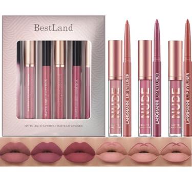 Imagem de BestLand Conjunto de 6 canetas de batom líquido fosco + delineador labial, kits de maquiagem One Step Lips, pigmento, aveludado, nude, à prova d'água, longa duração, brilho labial, conjunto de