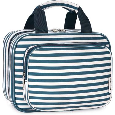 Imagem de Bolsa grande de higiene pessoal suspensa Bolsa de maquiagem de viagem Organizador de cosméticos para mulheres e meninas (listra azul (atualização))