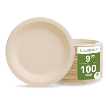 Imagem de [100 unidades] Pacote de colheita de pratos de papel compostáveis redondos descartáveis de 23 cm, prato de jantar biodegradável de bagaço natural resistente de 23 cm, feito de fibras vegetais de cana