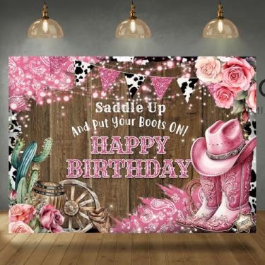 Imagem de Rsuuinu Pano de fundo Happy Birthday Cowgirl Botas florais rosa do oeste selvagem rústico piso de madeira fotografia fundo meninas decoração de festa de aniversário suprimentos banner cabine de fotos