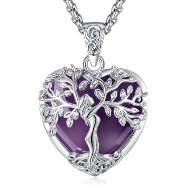 Imagem de EUDORA Colar de ametista de coração árvore da vida para mulheres cobre banhado a prata, pingente de árvore mãe deusa, joias de cristal, presentes de meditação de ioga para mulheres, mães, mãe, esposa