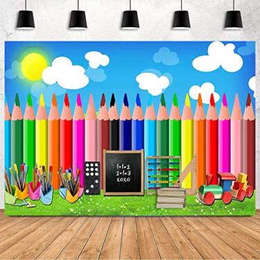 Imagem de Decoração de interiores de quarto infantil, fundo fotográfico, giz de cera, nuvens de sol, fundo azul, atividades de jardim de infância, decoração de papel de parede para quarto infantil, bem-vindo de