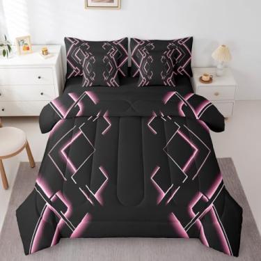 Imagem de jejeloiu Conjunto de edredom preto e rosa, tamanho casal, 7 peças, abstrato, ombré, para meninos, adultos, adolescentes, luxuoso, simples, moderno, geométrico, listras, arte geométrica, decoração de