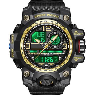 Imagem de findtime Relógios táticos masculinos para homens, relógio militar Reloj Militar para Hombre Sports Outdoor Impermeável Digial Analógico Alarme Cronômetro Big Face Relógio de Pulso, Dourado, Esportivo