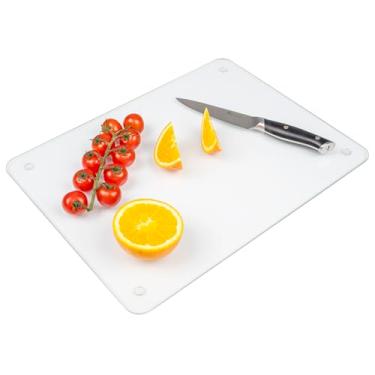 Imagem de Tábua de corte de vidro temperado para cozinha, tábua de corte de vidro transparente com pés de borracha e cantos arredondados, pode ser lavada na lava-louças, fácil de limpar, resistente ao calor e a