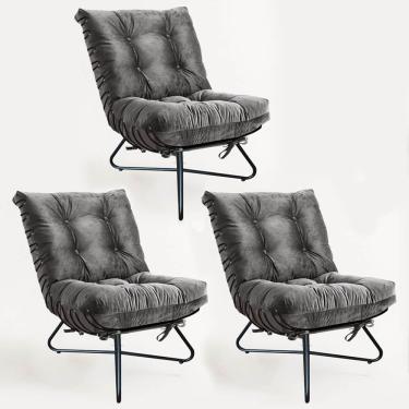 Imagem de Kit 03 Poltronas Costela Ferro Industrial X Pés Cruzados Sala Tecido Sintético Cinza