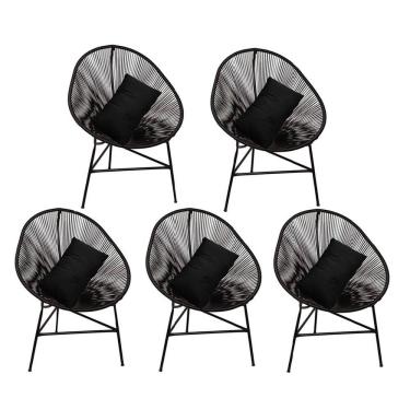 Imagem de Kit 05 Poltrona Cadeira Acapulco Sala Preto Com Almofada Quadrada Tecido Sintético Preto