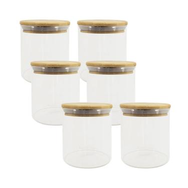 Imagem de 6 Potes De Vidro Com Tampa De Bambu Oikos 500ml Hermético Redondo