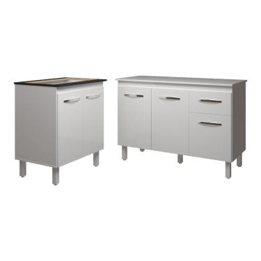 Imagem de Balcão Para Cooktop 5 Bocas Fran Branco E Armário Aline 118 Cm Cozinha Gabinete Branco Com Tampo Tampão Branco