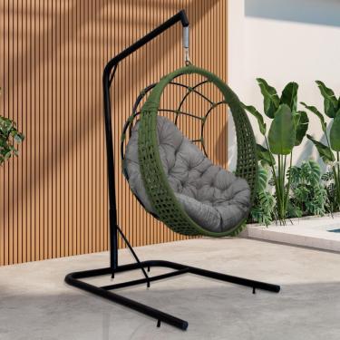 Imagem de Cadeira Balanço Ninho Suspenso Em Corda Náutica Luxo Com Suporte Verde-cinza