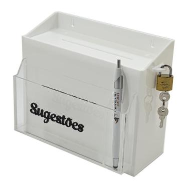 Imagem de Urna Caixa De Sugestões Parede Bolso Frontal Em Acrílico Branca E Cadeado Pesquisa Satisfação