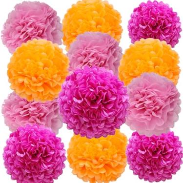Imagem de We Moment Decorações de pompons de papel rosa vermelha, rosa claro e laranja para decoração de flores de tecido rosa laranja para festa no teto, 12 peças, 3 cores de 12 polegadas, 25 cm