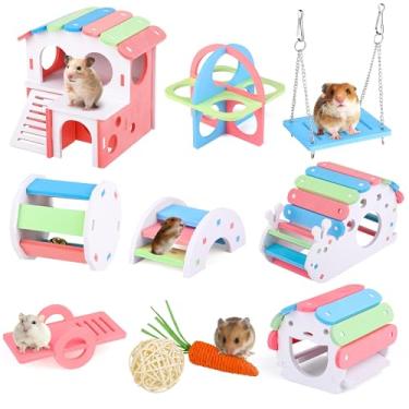Imagem de MCEAST O conjunto de 10 brinquedos divertidos para hamster inclui bricolage de madeira esconderijo de gerbil casa de hamster ponte arco-íris rolo balanço para animais de estimação brinquedos de
