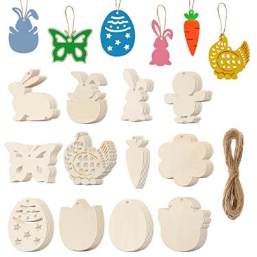 Imagem de MixTeach 72 Peças De Recortes Madeira Páscoa Para Artesanato, Inacabados Com Furos, Coelho Em Branco, Ovo Cenoura, Pintinho, Fatias Flores, Enfeites, Etiquetas Artesanato Barbantes Crianças, Decoraç