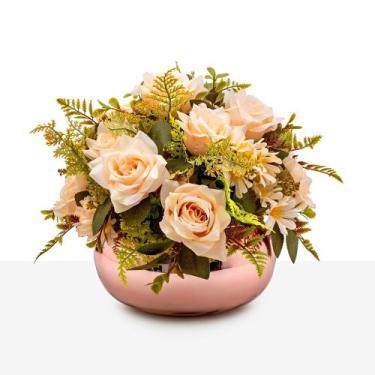 Imagem de Arranjo Rosas Artificial Decoração Vaso Vidro Espelhado Rosê Médio - F