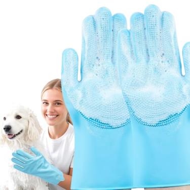 Imagem de JINHUIYUAN Luvas Para Tosa De Animais De Estimação, Luvas Para Lavar Cães Com Dentes De Silicone, Escova De Xampu Para Banho De Cães, Design De Cinco Dedos Resistente Ao Calor Para Banho, Massagem,