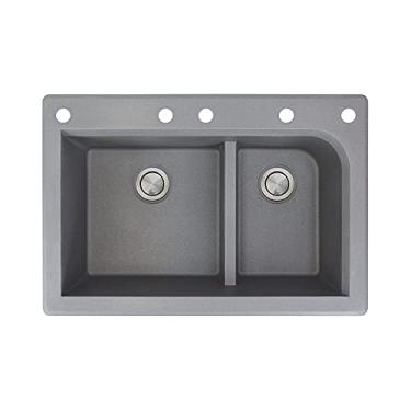 Imagem de Transolid RTDJ3322-17-CABEF Raio Granito 5 furos Pia de cozinha com cuba dupla, 83,8 cm x 55,8 cm x 22,8 cm, cinza