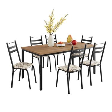 Imagem de Conjunto de Mesa Retangular com Tampo de MDP Amadeirado e 6 Cadeiras Adriana III Revestimento Sintético Cedro e Preto