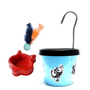Imagem de Bebedouro Para Gato Azul Bebê - Fonte + Comedouro - DM SOLUÇÕES