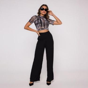 Imagem de Blusa Cropped Manga Curta em Tule Estampado - Croppeds Store, G, Pb