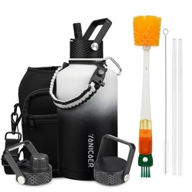 Imagem de YONICOER Garrafa de água isolada de 1,8 g, aço inoxidável a vácuo de parede tripla (lavável na lava-louças), à prova de vazamento e não BPA, jarro de garrafa com alça de paracord e tampas de bico de